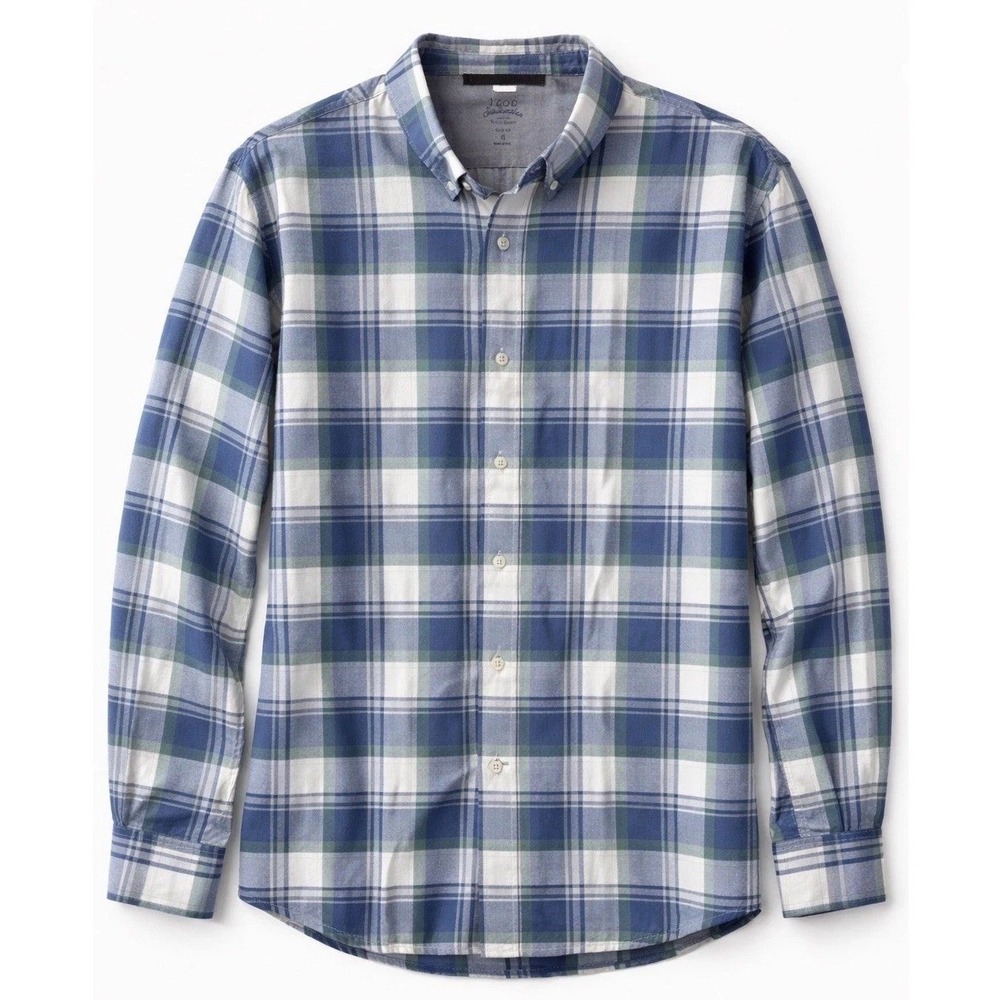 IZOD Saltwater Plaid Shirt Men‎ XL Blue Green Coastal Button Down Cotton